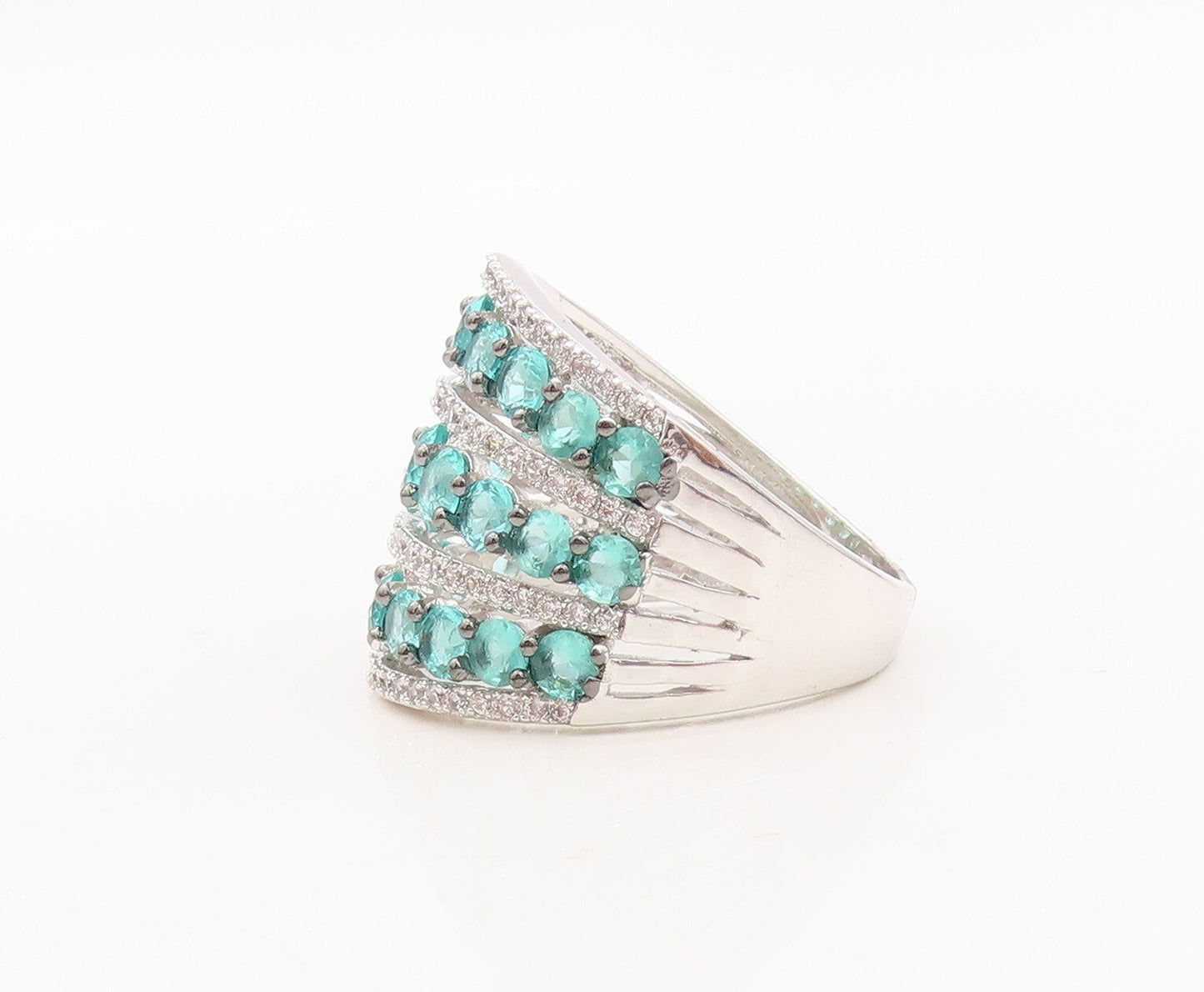 925 Sterling Silver Vintage Ring Designer Aqua & White CZ Bands  Sz 8.5  RG30150