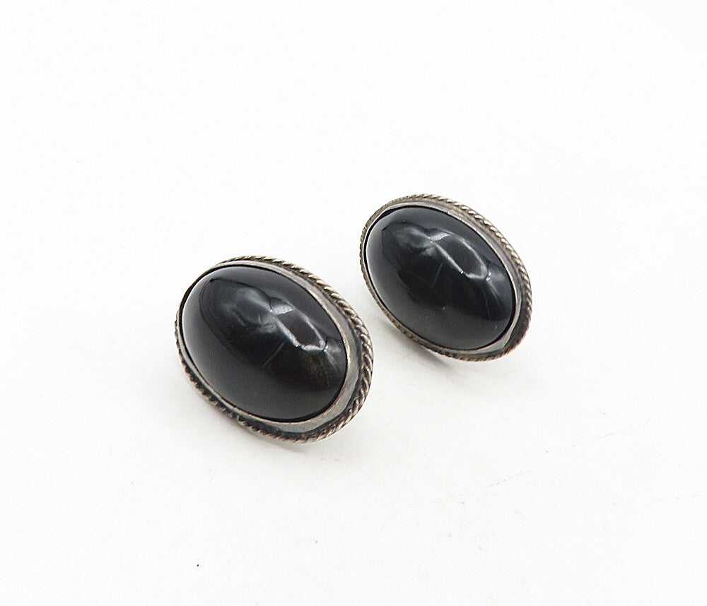 925 Sterling Silver  Vintage Cabochon Black Onyx Non Pierce Earrings  EG4767