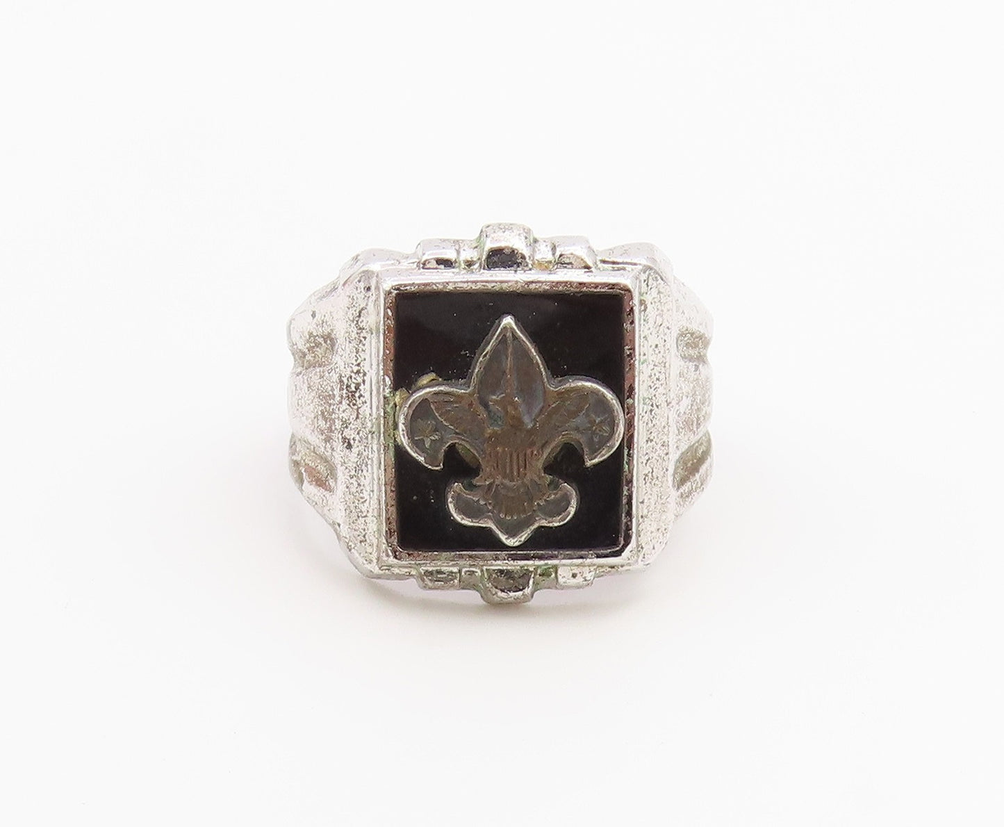 925 Sterling Silver Vintage Ring Onyx Boy Scouts of America Shield Sz 6 RG36807
