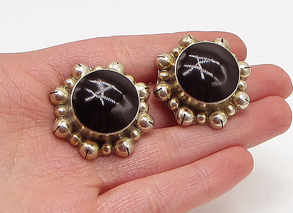 MEXICO 925 Sterling Silver  Vintage Black Onyx Clip On Earrings  EG1950