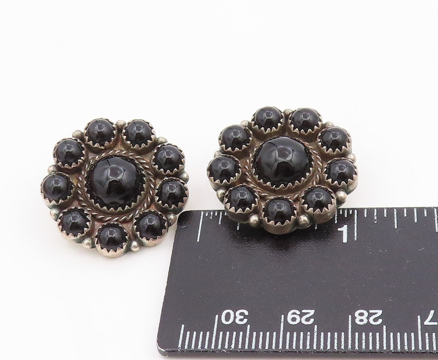 925 Sterling Silver Vintage Earrings NAVAJO Cabochon Onyx Floral Clip On EG14088