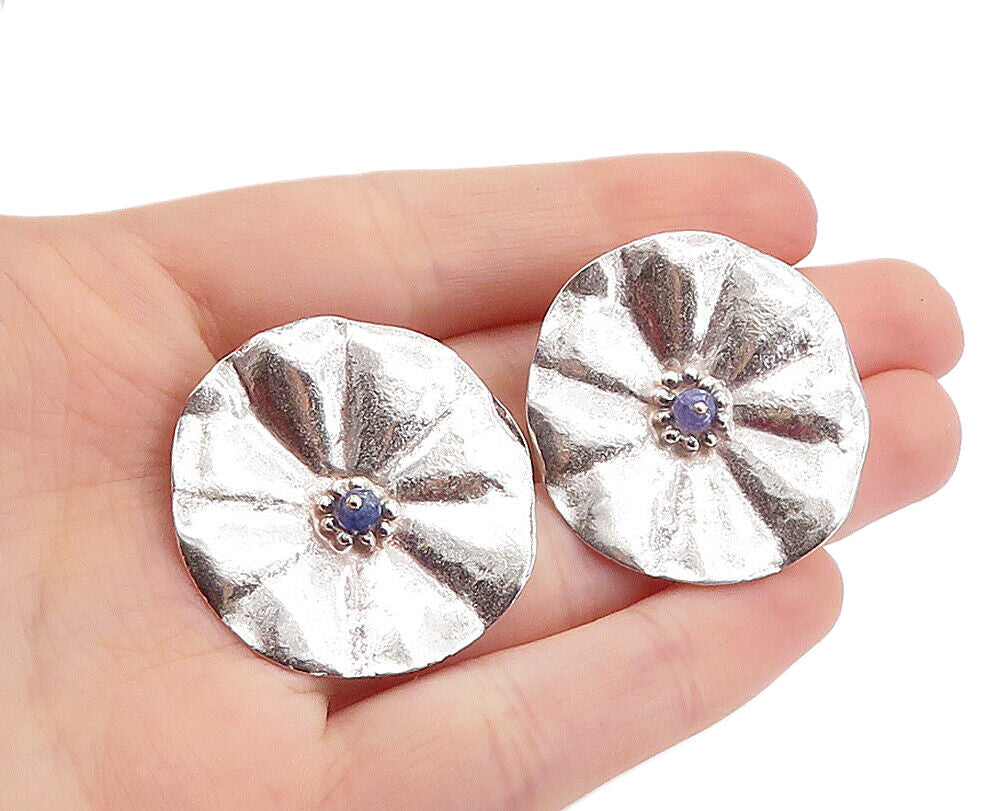 925 Sterling Silver  Vintage Blue Topaz Sculpted Non Pierce Earrings  EG2856