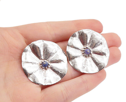 925 Sterling Silver  Vintage Blue Topaz Sculpted Non Pierce Earrings  EG2856