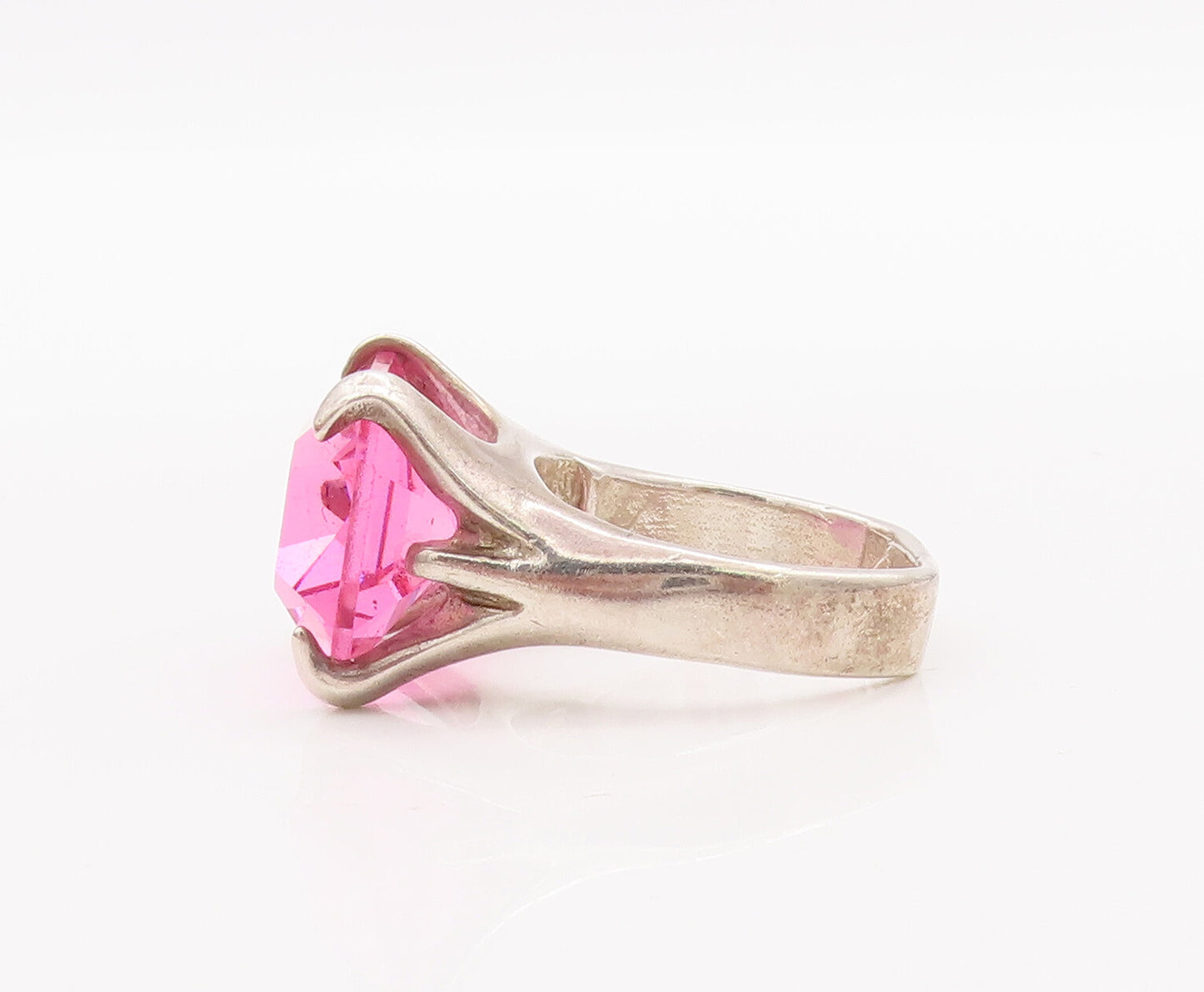 925 Sterling Silver Vintage Ring Large Rectangle Cut Pink CZ  Sz 5.5  RG28305