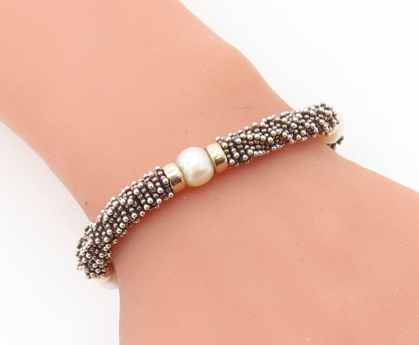925 Sterling Silver & 14K GOLD Freshwater Pearls Beaded Chain Bracelet BT2624