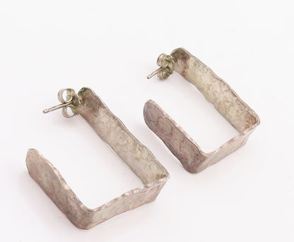 925 Sterling Silver Vintage Earrings Bubble Effect Open Square Hoops  EG13138