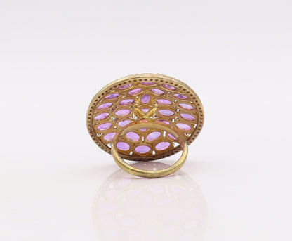 925 Sterling Silver Vintage Ring Gold Plated Oval Amethyst & CZ  Sz 7  RG29924