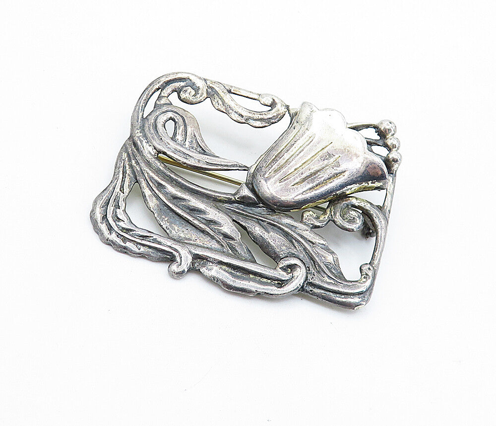 925 Sterling Silver  Vintage Antique Oxidized Floral Vine Brooch Pin  BP2137
