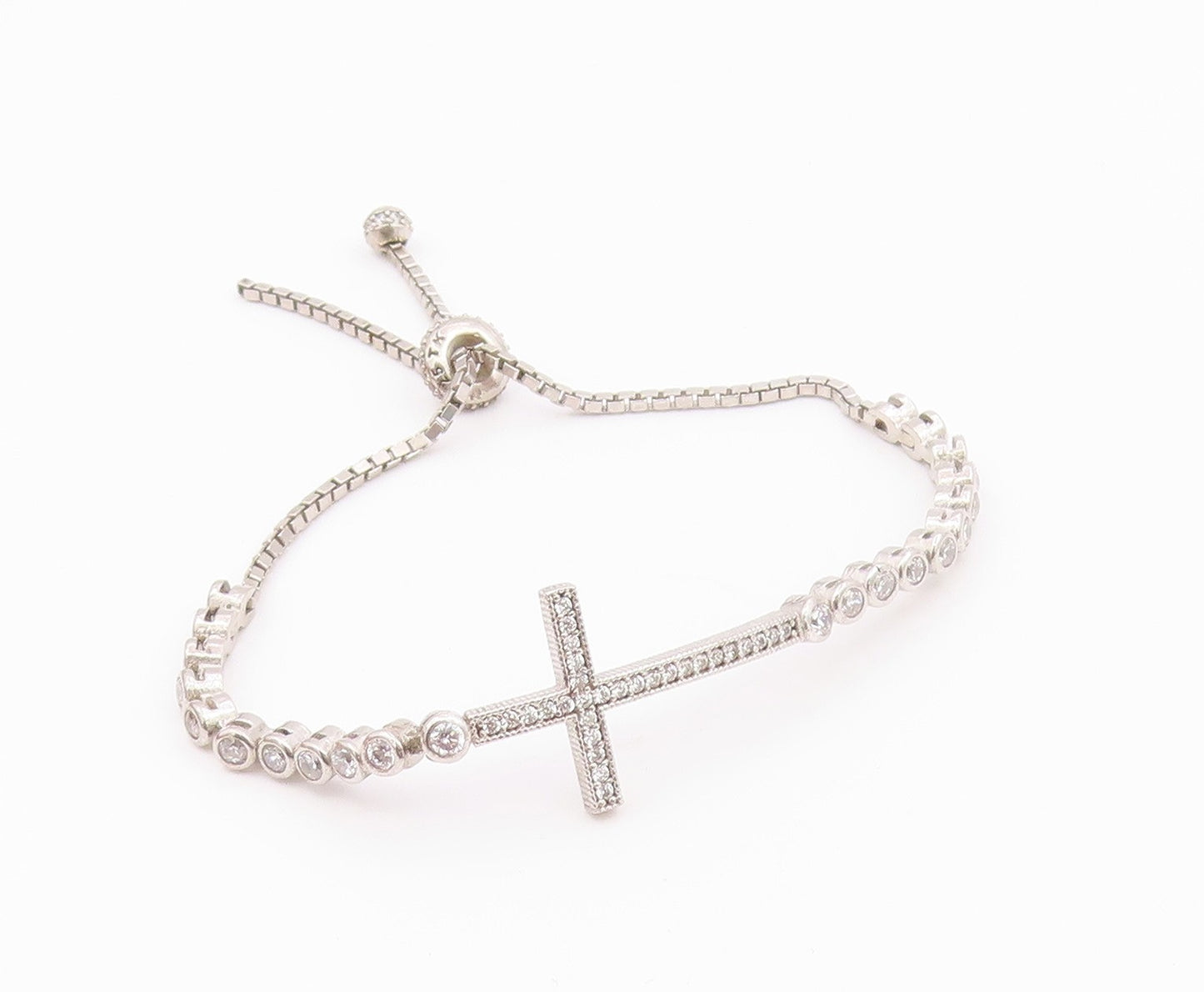 925 Silver  Vintage Cubic Zirconia Religious Cross Chain Bracelet  BT8355