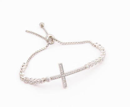 925 Silver  Vintage Cubic Zirconia Religious Cross Chain Bracelet  BT8355