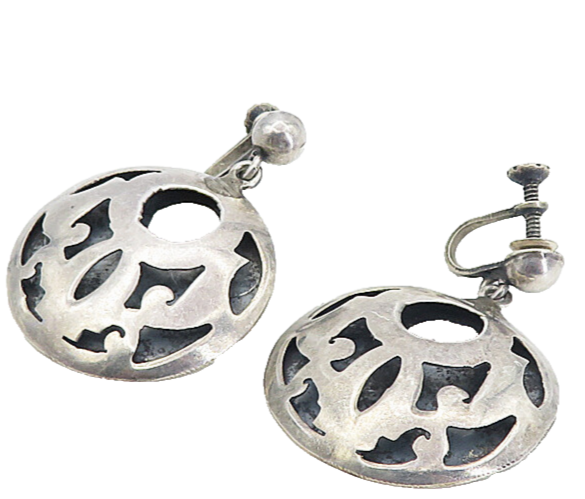 MEXICO 925 Sterling Silver  Vintage Cutout Pattern Non Pierce Earrings  EG4166