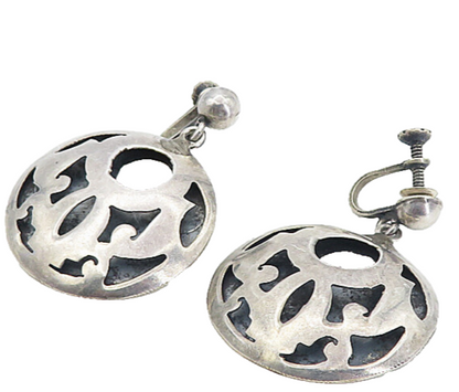 MEXICO 925 Sterling Silver  Vintage Cutout Pattern Non Pierce Earrings  EG4166