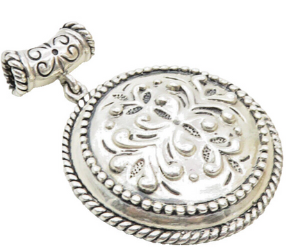 925 Sterling Silver  Vintage Raised Floral Design Round Slide Pendant  PT7488