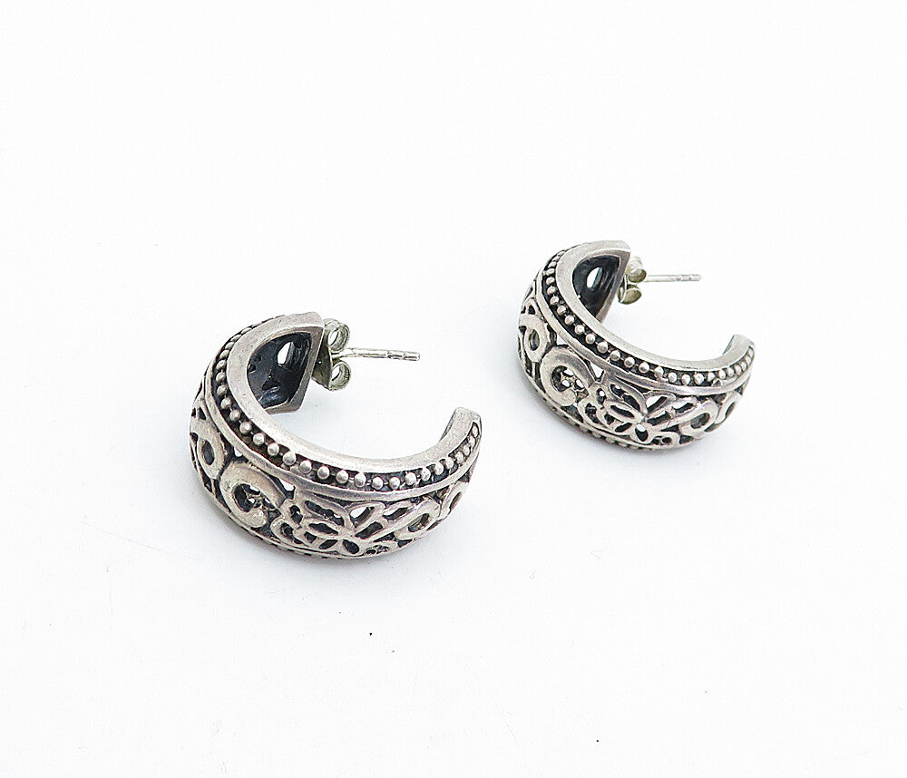 925 Sterling Silver  Vintage Dark Tone Open Floral JHoop Earrings  EG2425