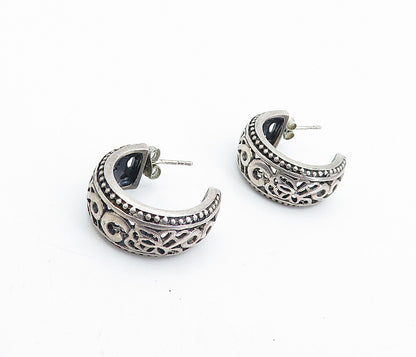 925 Sterling Silver  Vintage Dark Tone Open Floral JHoop Earrings  EG2425