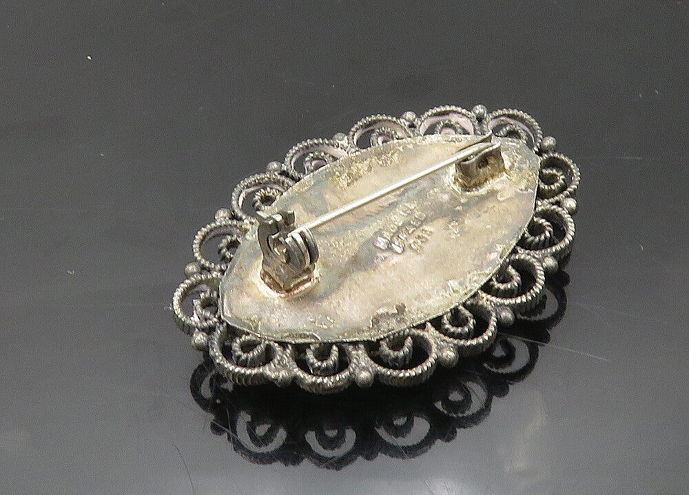 ISRAEL 925 Silver  Vintage Mother Of Pearl Art Swirl Border Brooch Pin  BP7797