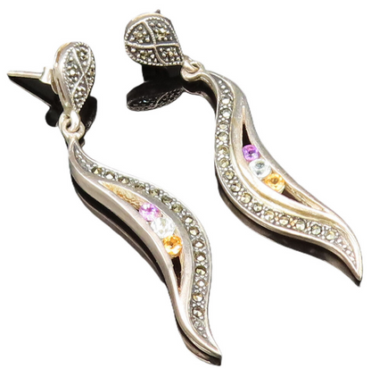 925 Silver  Vintage Amethyst Citrine & Multi Stone Swirl Earrings  EG11890