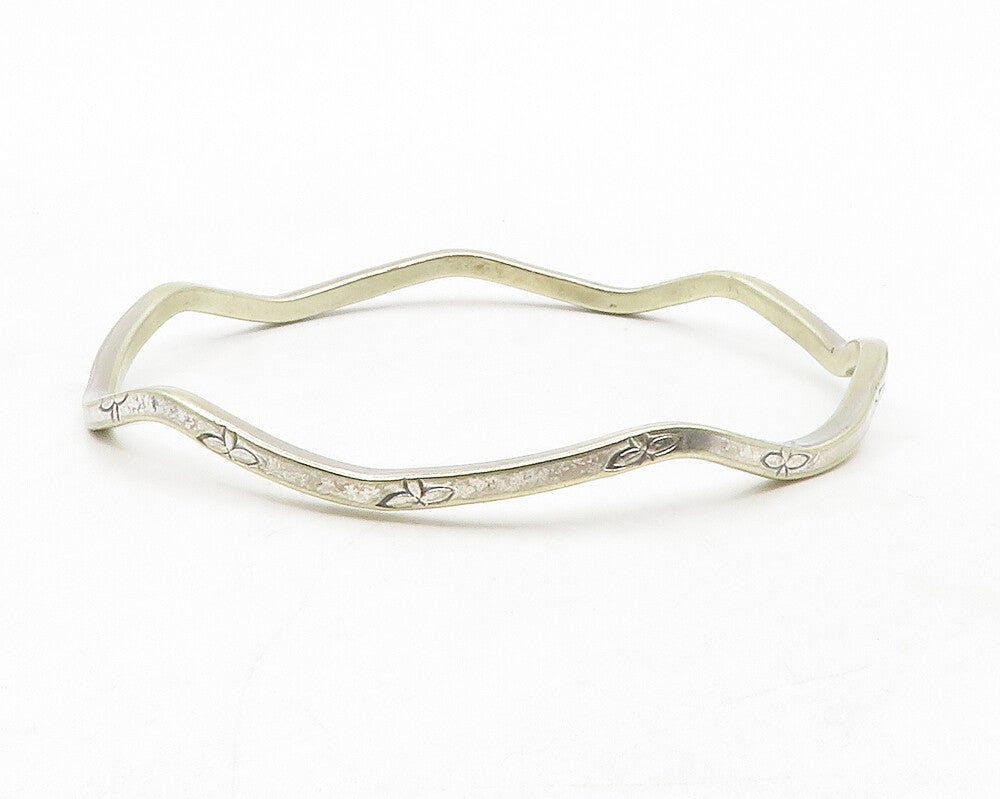 MEXICO 925 Sterling Silver Vintage Flower Etched Wavy Bangle Bracelet BT5132