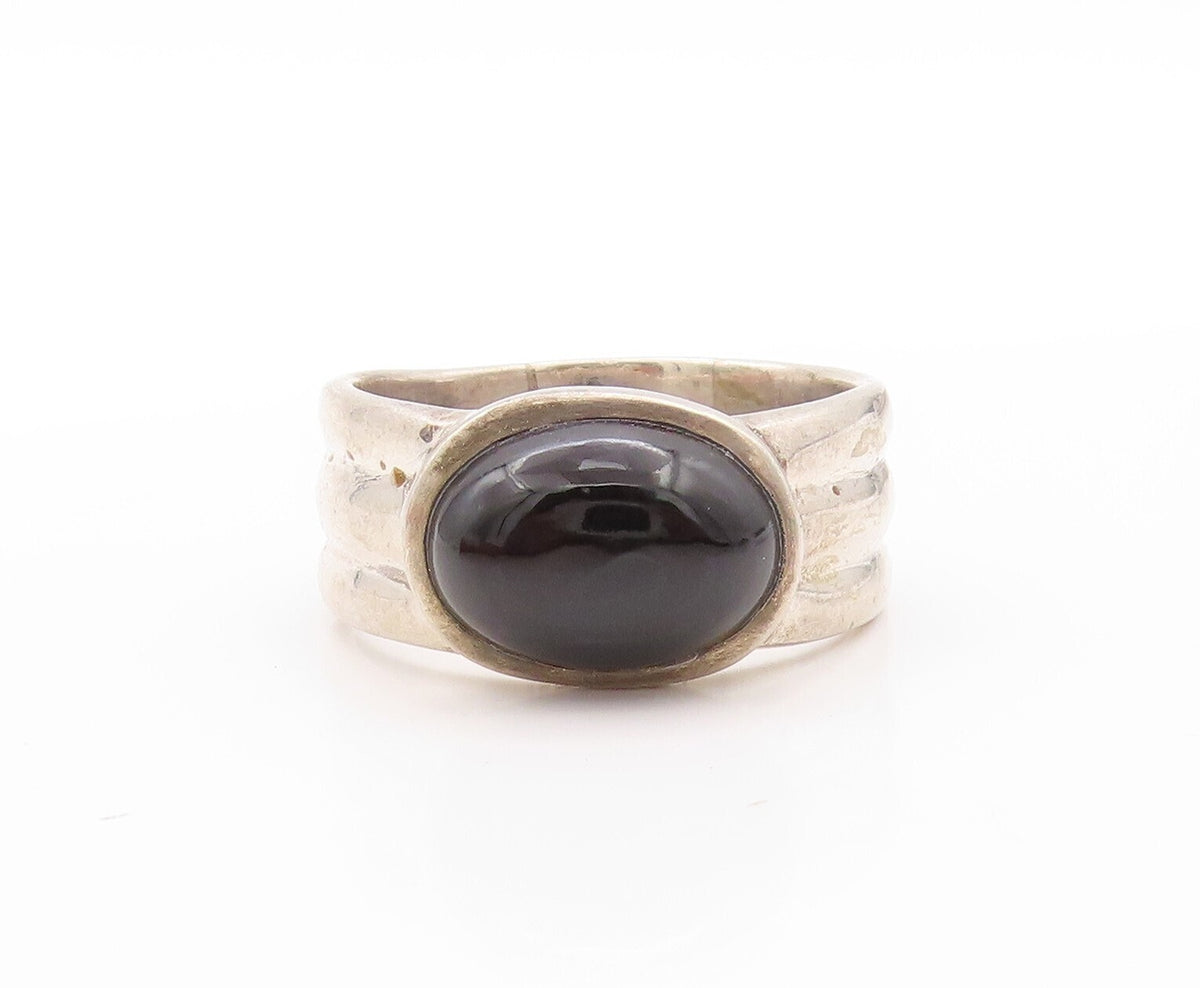 925 Sterling Silver Vintage Ring Carved Band Cabochon Oval Onyx  Sz 12.5 RG31443