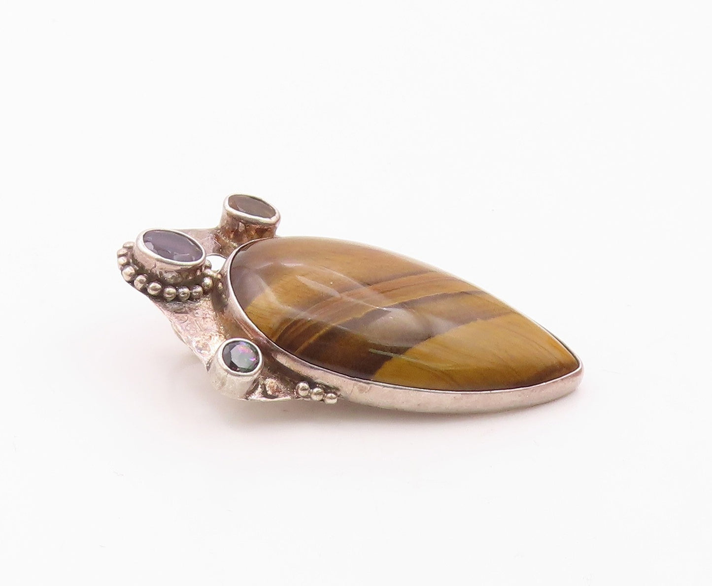 925 Silver  Vintage Tiger's Eye Topaz Citrine & Amethyst Pendant  PT14770