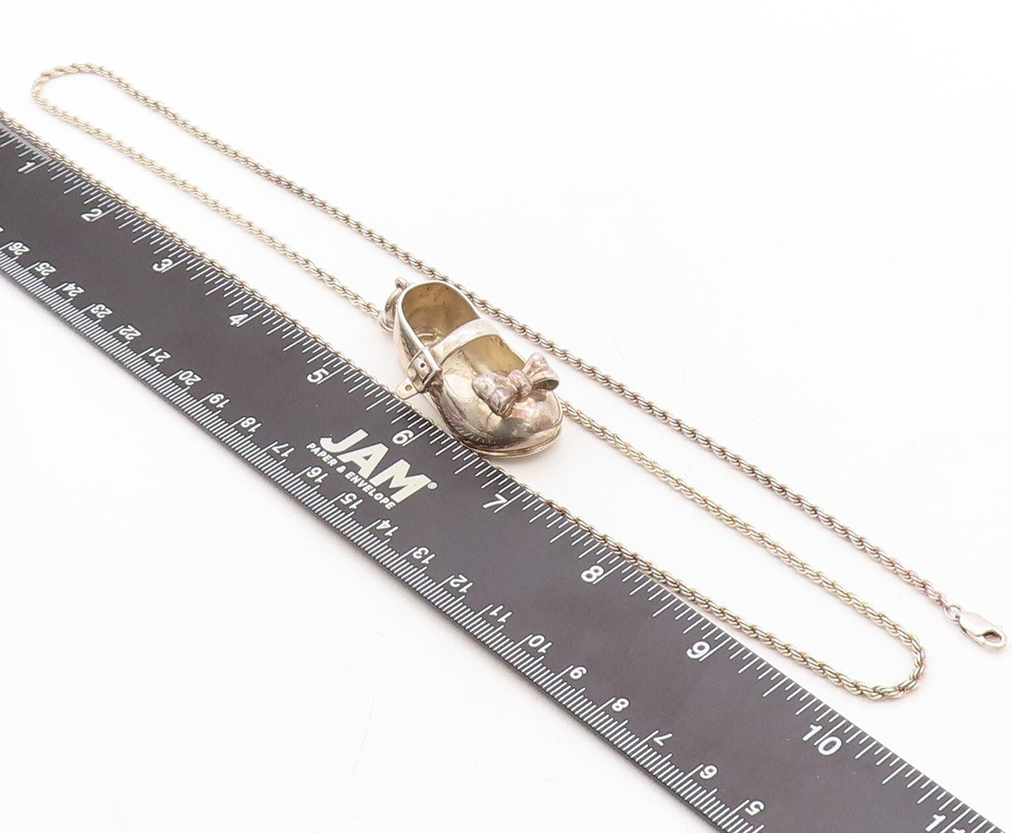 925 Sterling Silver Vintage Necklace Solid 3D Cutout Shoe With Bow  NE4387
