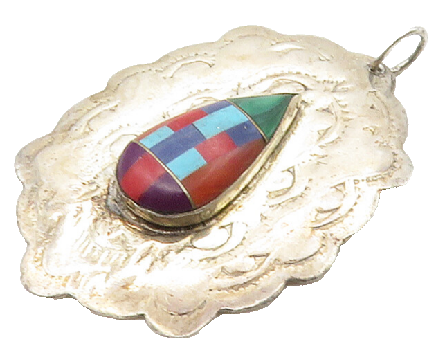 SOUTHWESTERN 925 Sterling Silver Vintage Malachite & Multi Stone Pendant PT12575