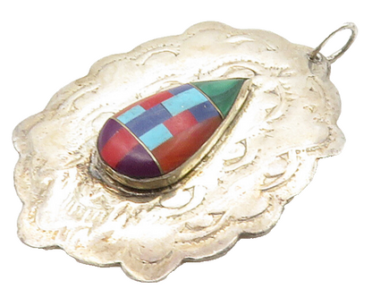 SOUTHWESTERN 925 Sterling Silver Vintage Malachite & Multi Stone Pendant PT12575
