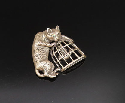 JEZLAINE 925 Silver  Vintage Carved Cat With Bird Cage Brooch Pin  BP9785
