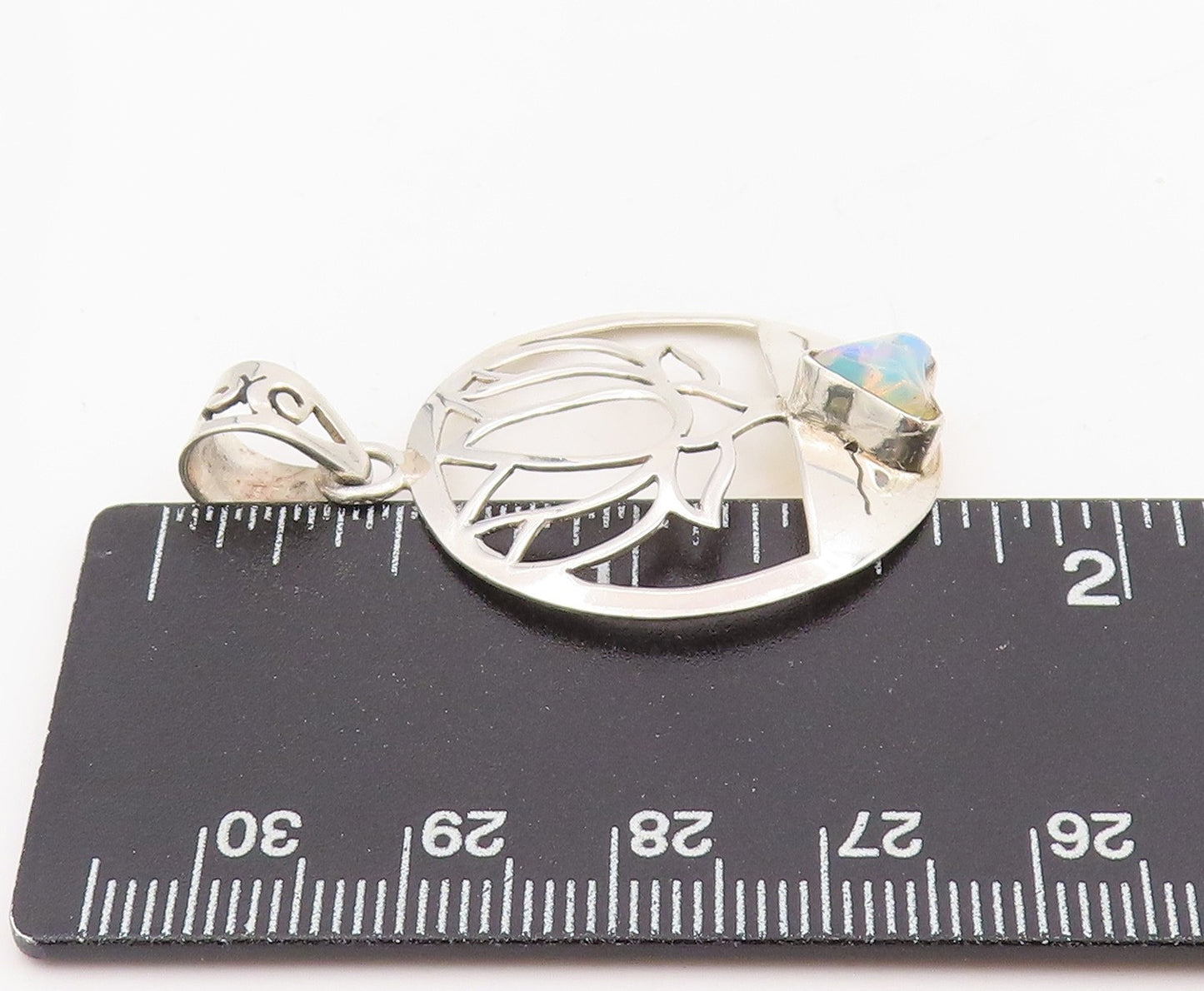 925 Sterling Silver Vintage Pendant Fire Opal Lotus Flower Cutout Medal  PT25565