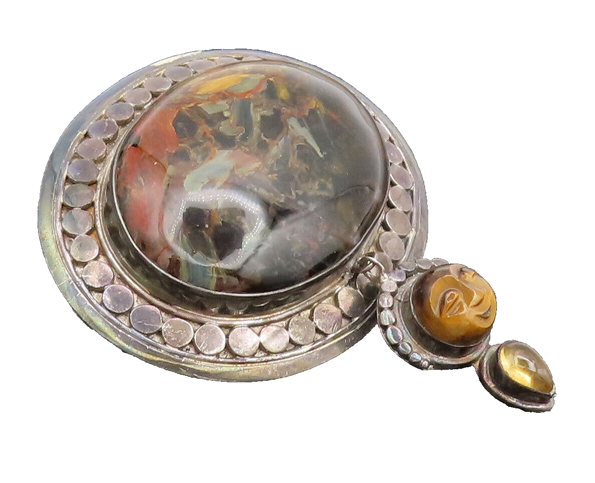 SAJEN 925 Silver  Vintage Jasper Dangling Carved Face Heavy Brooch Pin BP10468