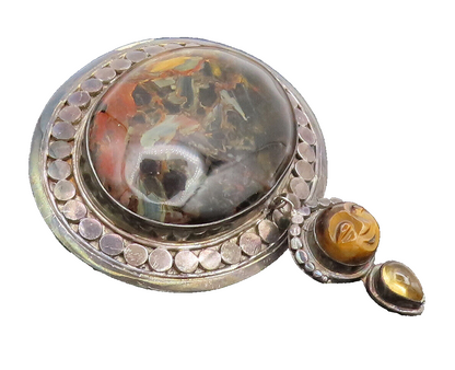 SAJEN 925 Silver  Vintage Jasper Dangling Carved Face Heavy Brooch Pin BP10468