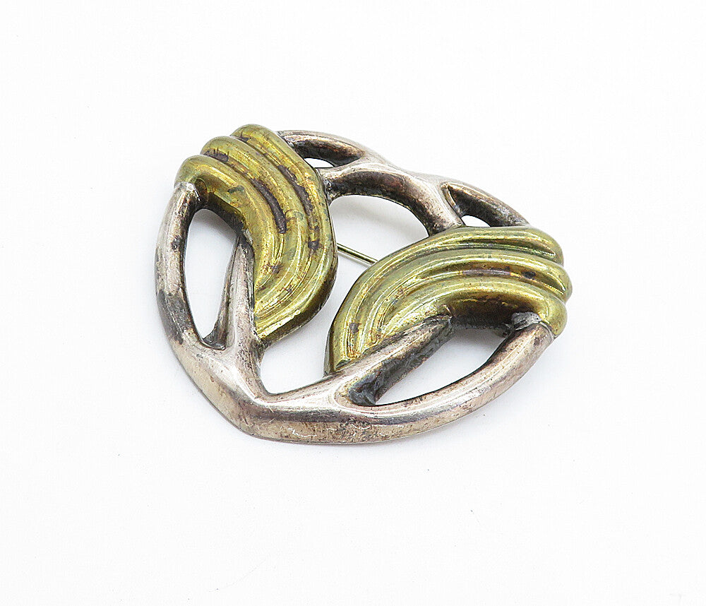 MEXICO 925 Sterling Silver Vintage Two Tone Heart Design Brooch Pin BP2498