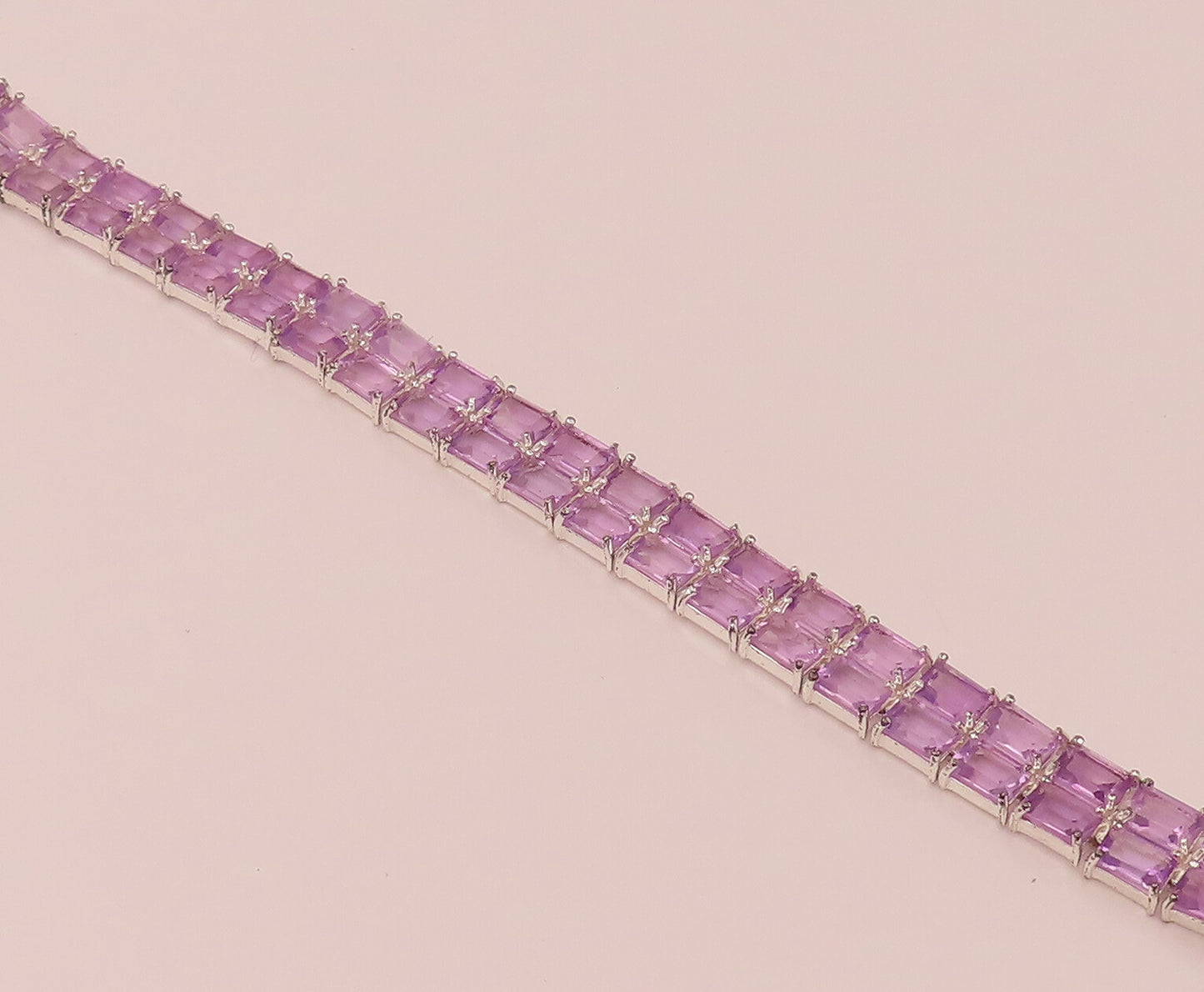 925 Sterling Silver  Vintage Amethyst Rectangular Double Band Bracelet  BT9822