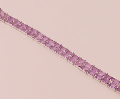 925 Sterling Silver  Vintage Amethyst Rectangular Double Band Bracelet  BT9822