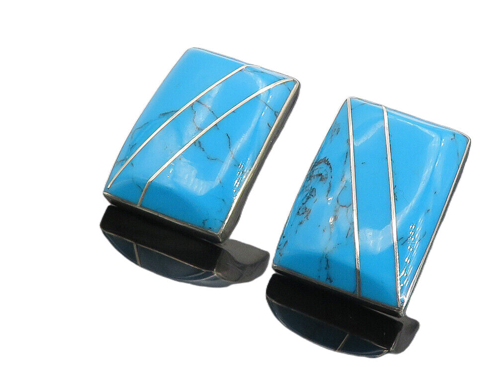 MEXICO 925 Sterling Silver Vintage Turquoise Striped Drop Earrings  EG4416