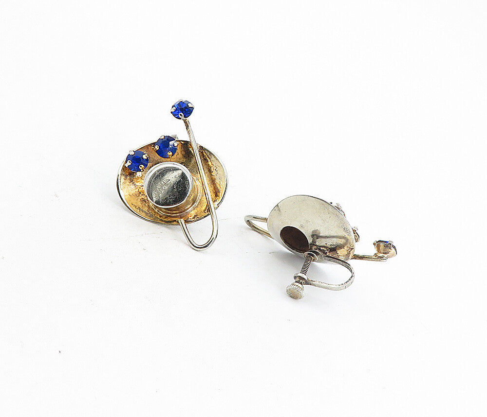 925 Sterling Silver   Vintage Blue Topaz Modernist Non Pierce Earrings  EG4395