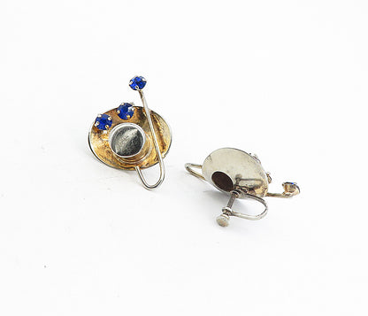925 Sterling Silver   Vintage Blue Topaz Modernist Non Pierce Earrings  EG4395