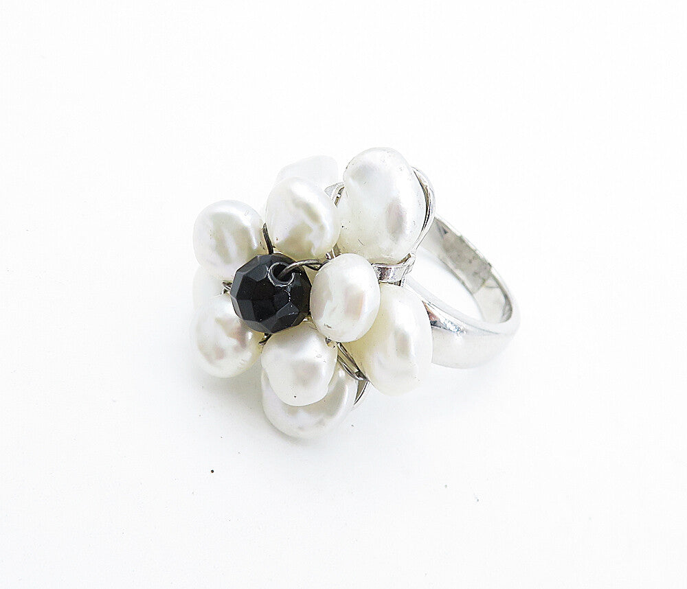 925 Sterling Silver  Pearls & Black Sapphire Flower Cocktail Ring Sz 6  RG4737
