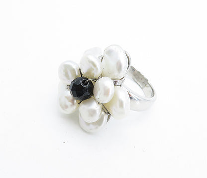925 Sterling Silver  Pearls & Black Sapphire Flower Cocktail Ring Sz 6  RG4737