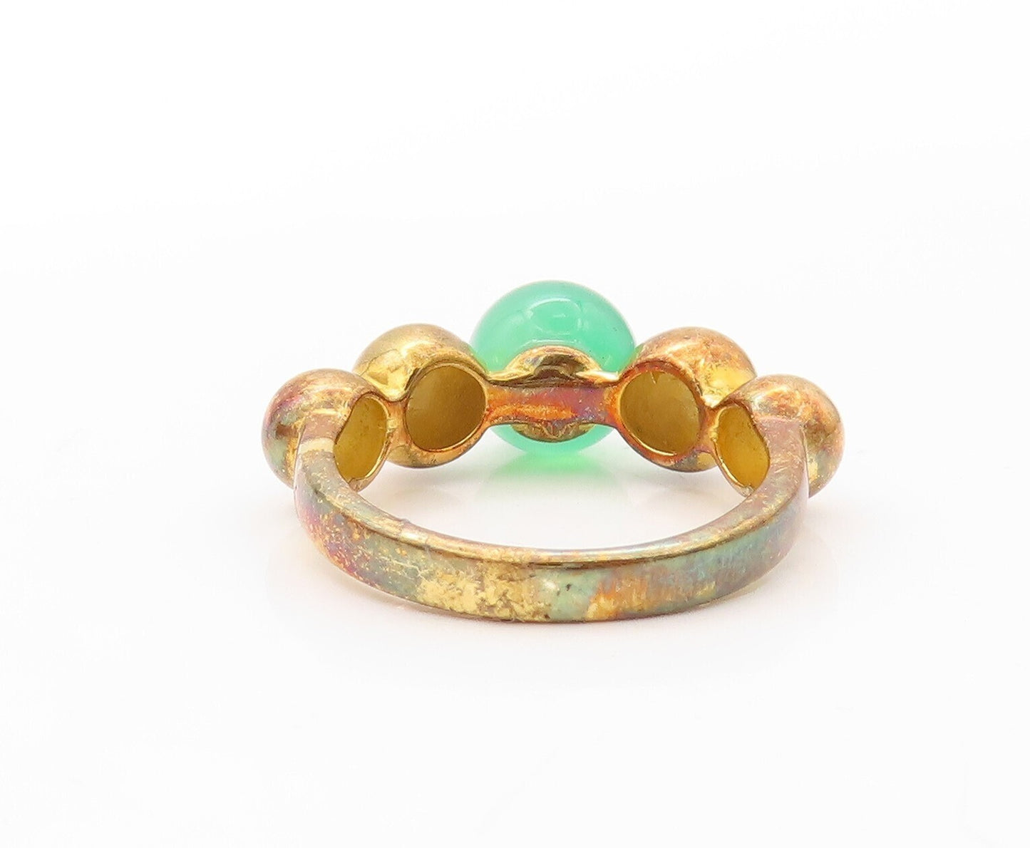 925 Sterling Silver Vintage Ring Gold Plated Bead Carved Jade Sz 7 RG30587