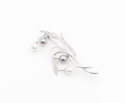 925 Silver  Vintage Blue & White Pearls & Topaz Floral Brooch Pin  BP8880
