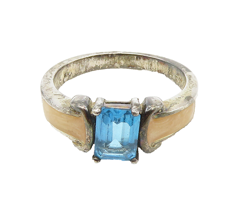 AVON 925 Sterling Silver  Vintage Blue Topaz & Enamel Band Ring Sz 8  RG15542