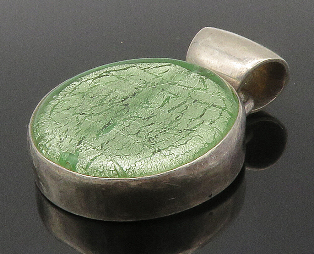 925 Sterling Silver  Vintage Green Dichroic Glass Round Pendant  PT11798