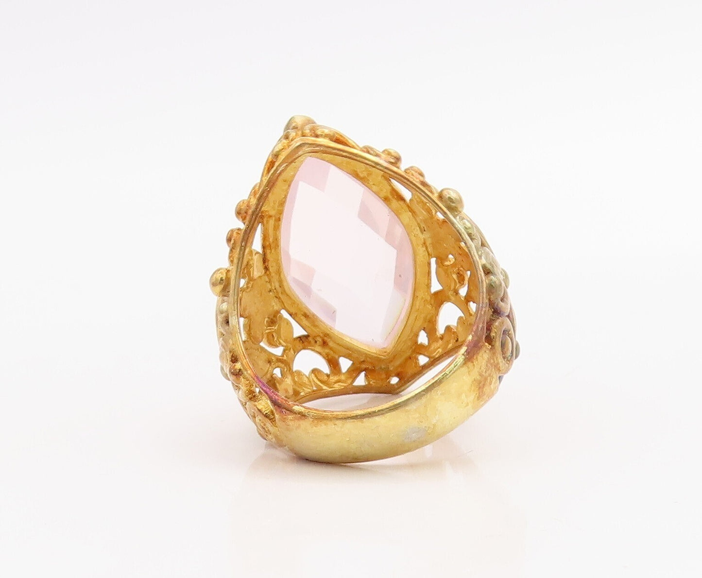 925 Sterling Silver Vintage Ring Gold Plated Floral Carved Gemstone Sz 7 RG30722