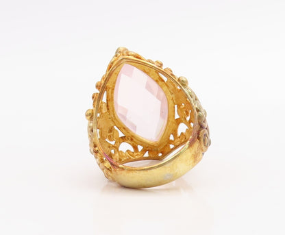 925 Sterling Silver Vintage Ring Gold Plated Floral Carved Gemstone Sz 7 RG30722