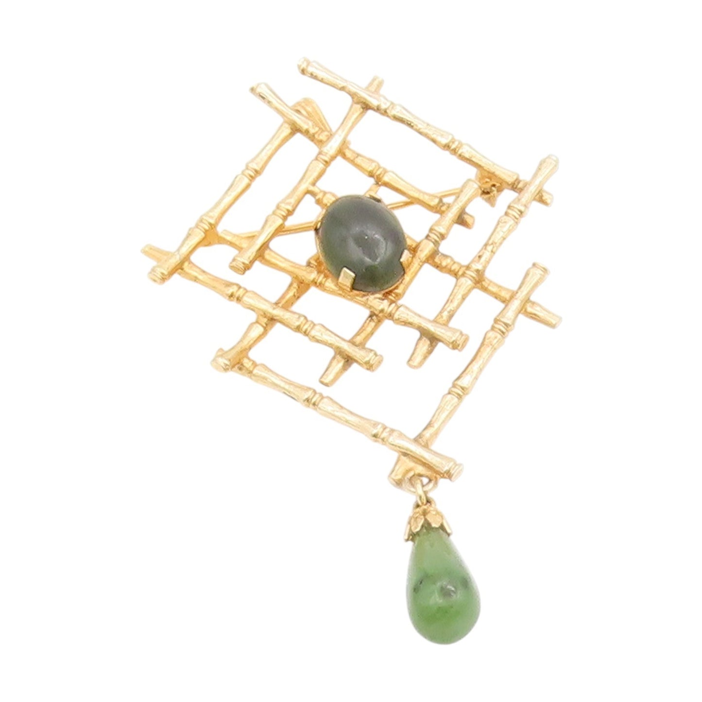 925 Sterling Silver Vintage Brooch Gold Plated Jade Bamboo Lattice Pin  BP12235