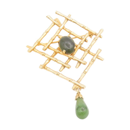 925 Sterling Silver Vintage Brooch Gold Plated Jade Bamboo Lattice Pin  BP12235