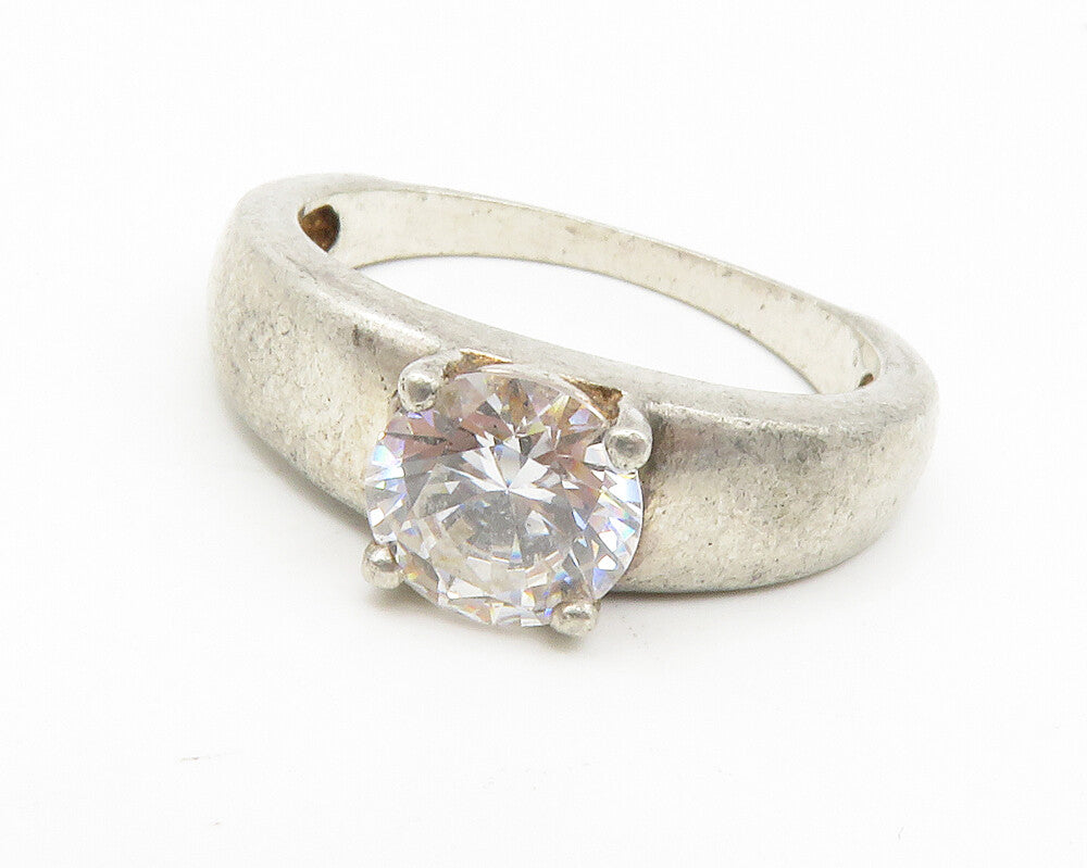 925 Sterling Silver  Vintage Cubic Zirconia Matte Solitaire Ring Sz 8  RG14162