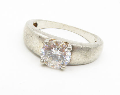 925 Sterling Silver  Vintage Cubic Zirconia Matte Solitaire Ring Sz 8  RG14162