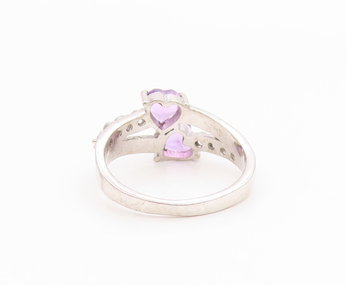 925 Sterling Silver Vintage Ring Amethyst & CZ Double Love Heart  Sz 6  RG36131